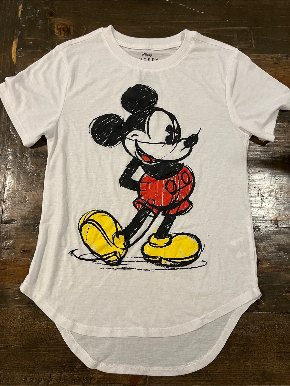 Disney White Tee with Classic Black, Red and Yellow Mickey Graphic